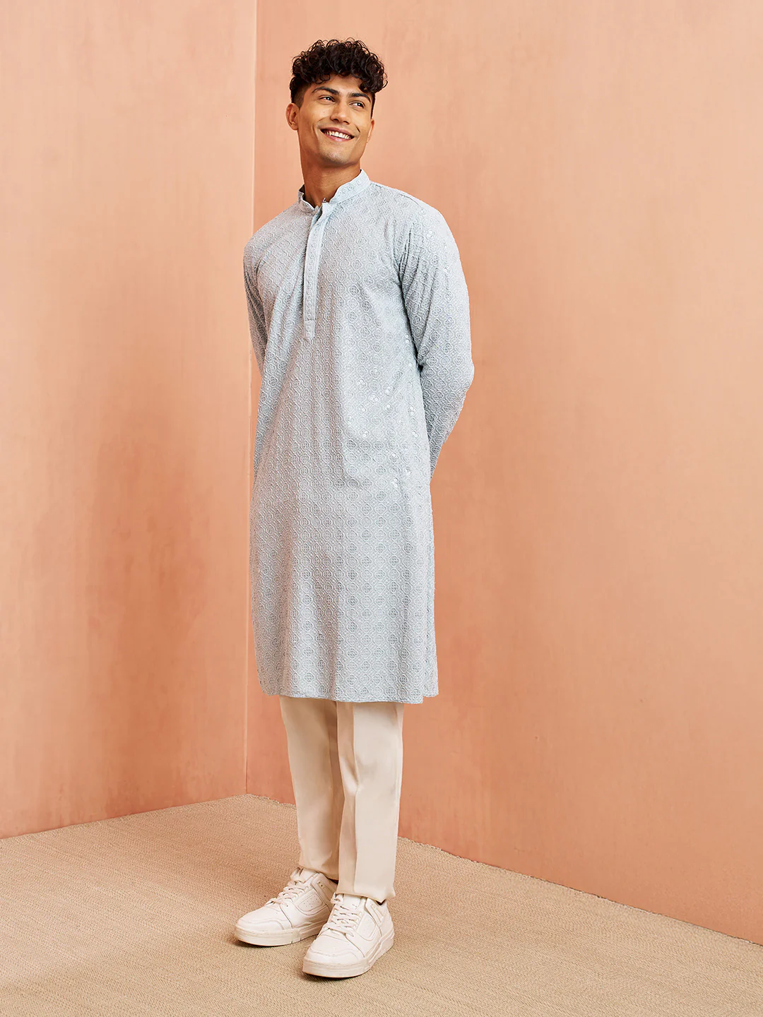 Men's Aqua Chikankari Kurta with Cream Pant Set - Image 4