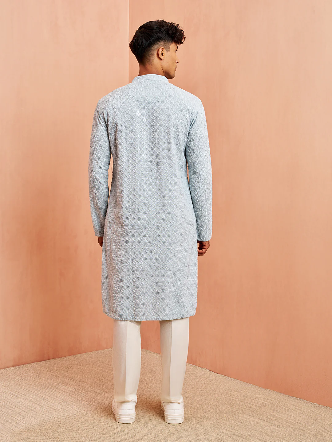 Men's Aqua Chikankari Kurta with Cream Pant Set - Image 5