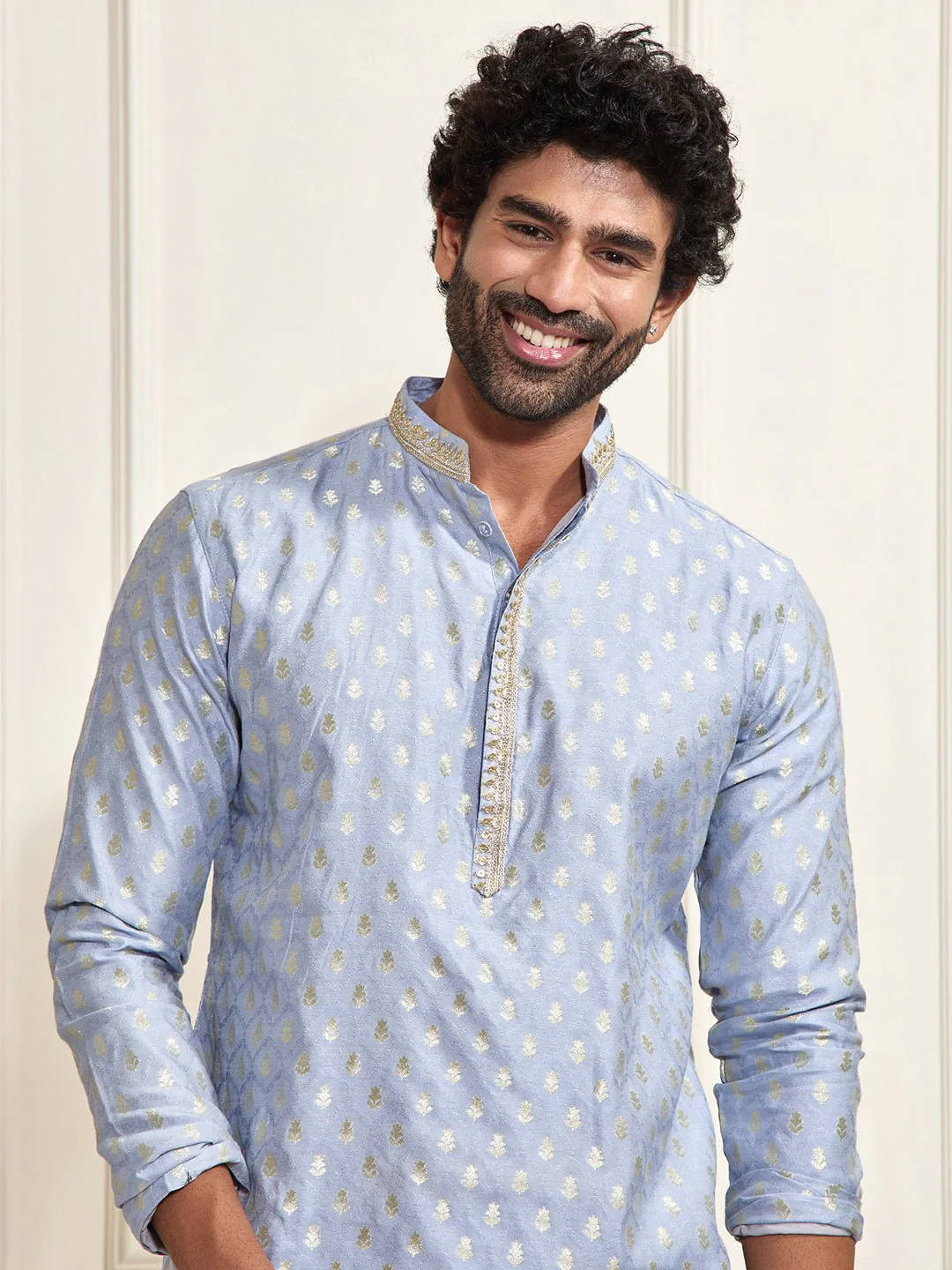 Men's Aqua Silk Blend Kurta Pyjama Set - Image 3