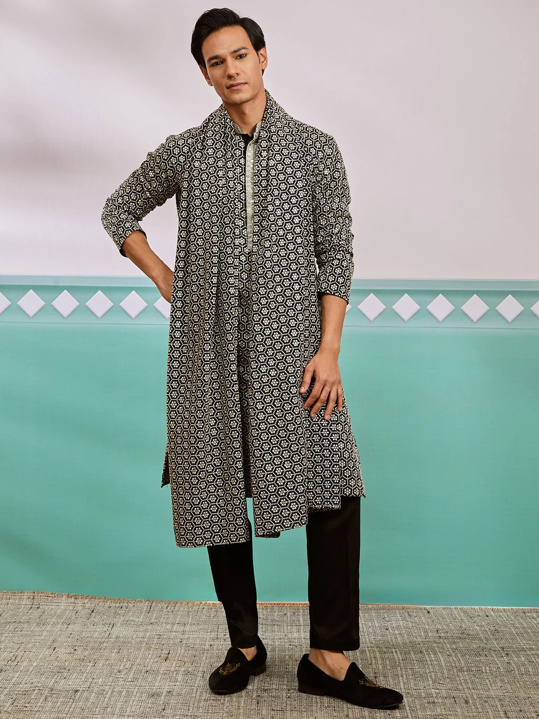 Men's Black Chikankari Embroidered Kurta Set with Fine Satin Pyjama & Embroidered Dupatta - Image 2