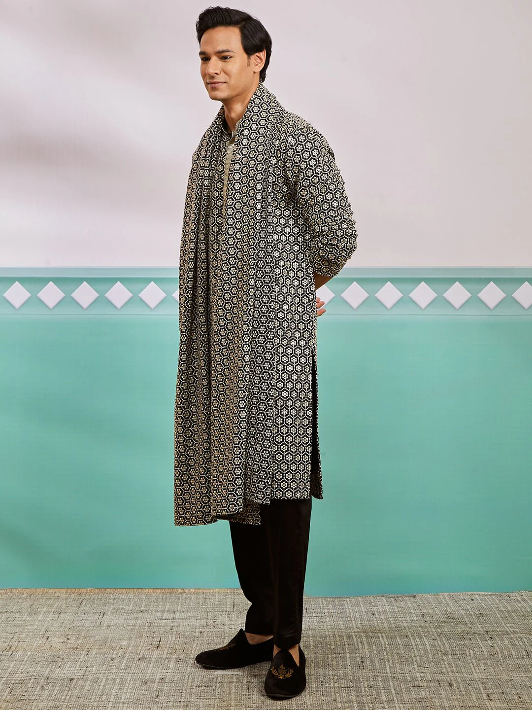 Men's Black Chikankari Embroidered Kurta Set with Fine Satin Pyjama & Embroidered Dupatta - Image 4