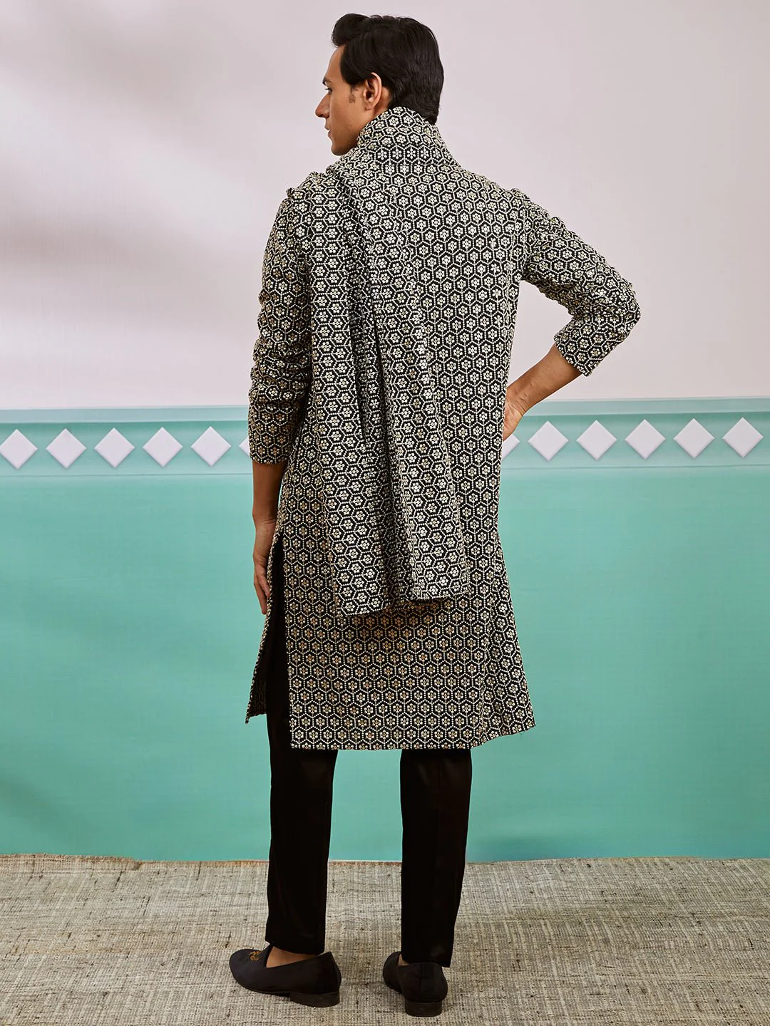 Men's Black Chikankari Embroidered Kurta Set with Fine Satin Pyjama & Embroidered Dupatta - Image 5