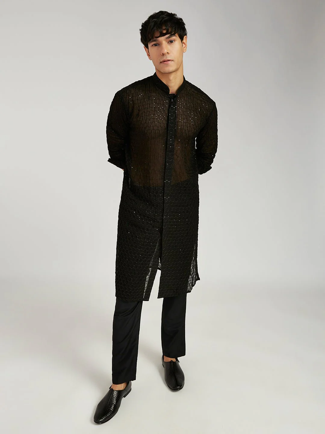 Men's Black Georgette Kurta with Cotton Lycra Pant Set - Image 2