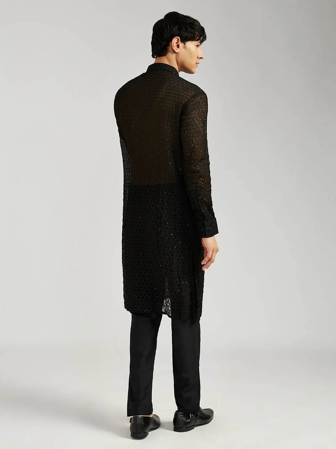 Men's Black Georgette Kurta with Cotton Lycra Pant Set - Image 5