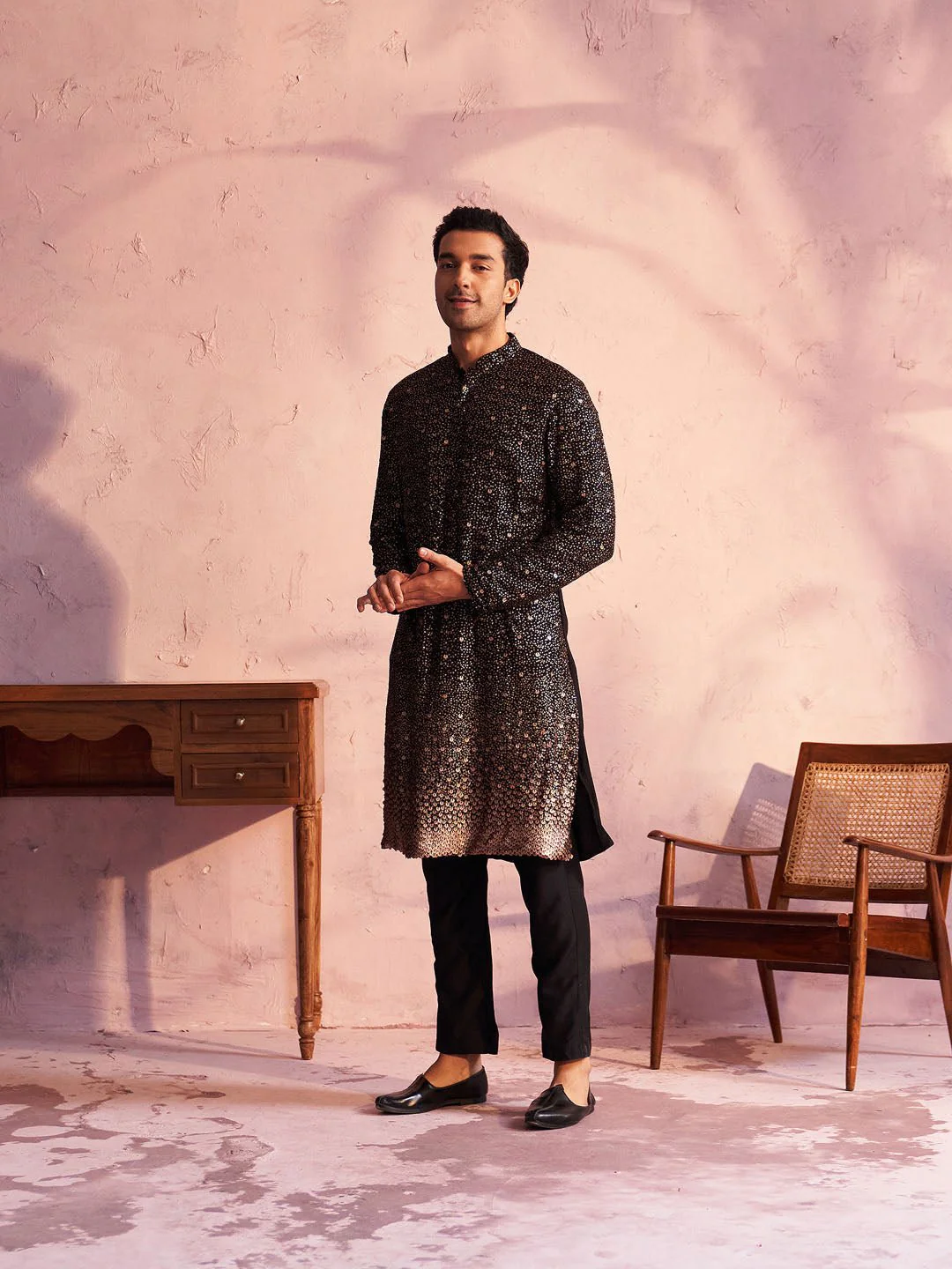 Men's Black Ombre Sequin Georgette Kurta with Black Satin Pyjama - Image 2