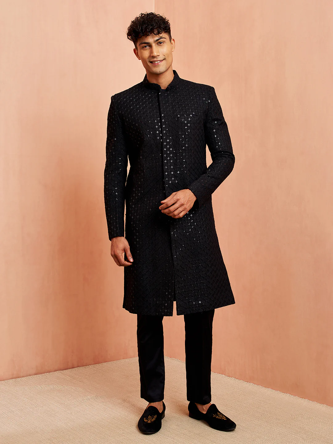 Men's Black Rayon Sherwani Set - Image 3