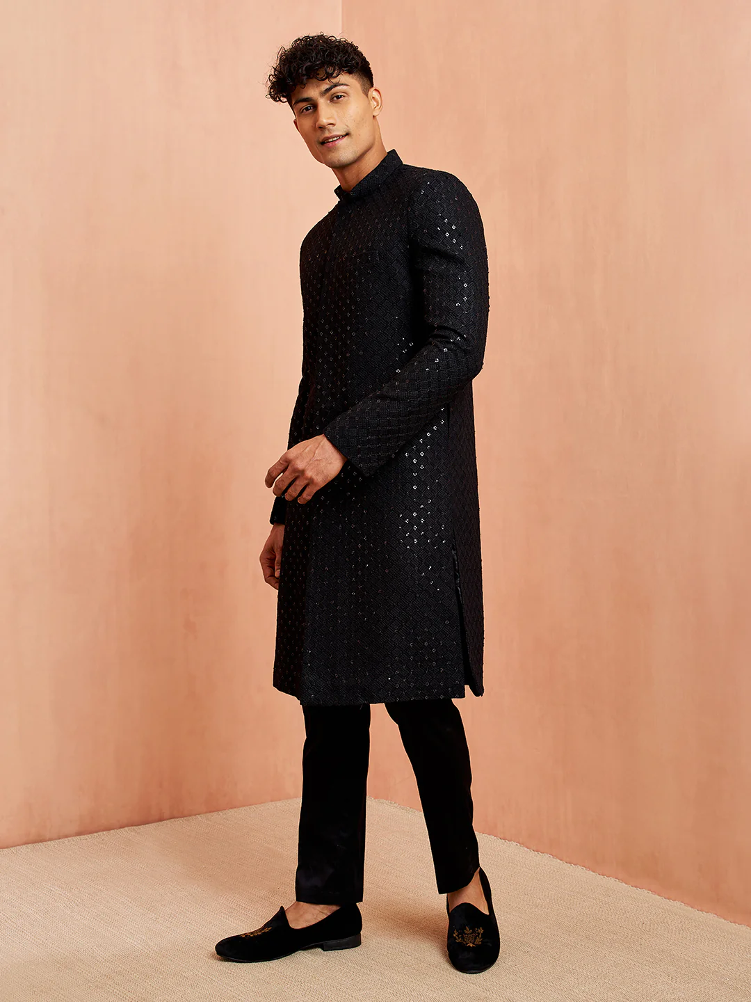 Men's Black Rayon Sherwani Set - Image 4