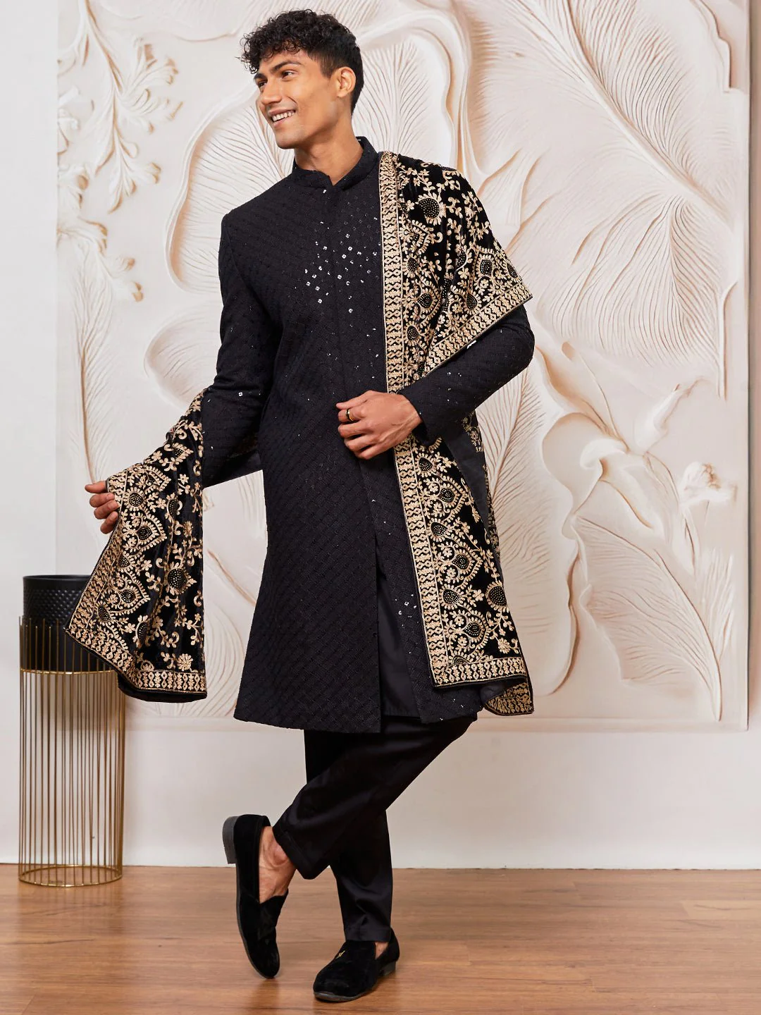 Men's Black Sequin Chikankari Sherwani with Satin Pyjama & Velvet Embroidered Dupatta