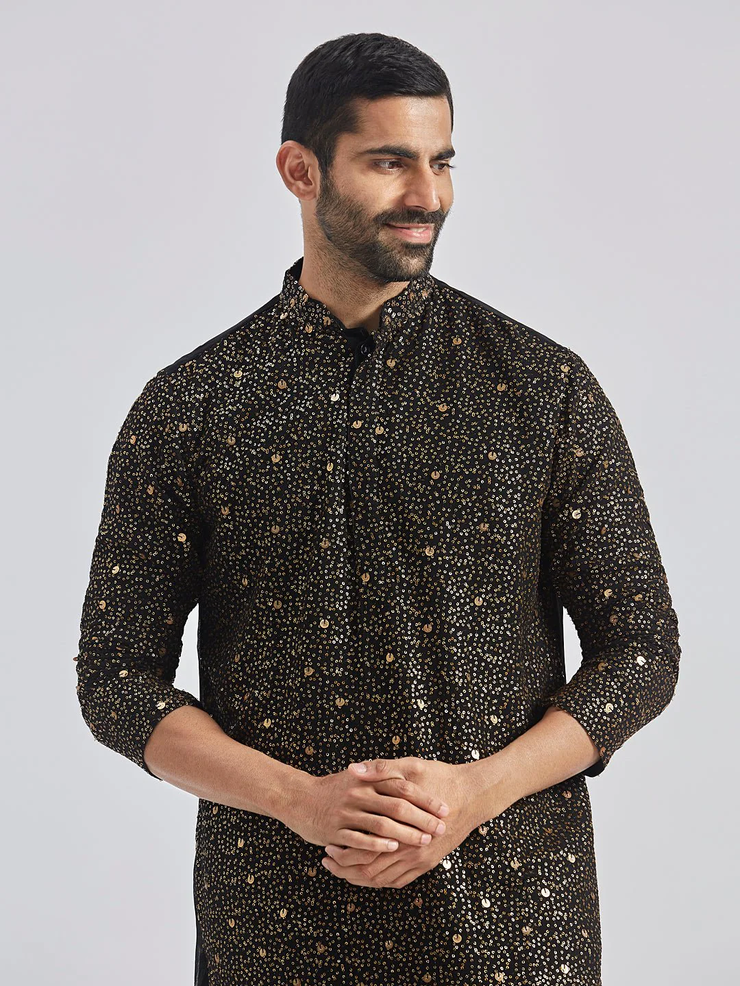 Men's Black Sequin Embroidered Georgette Kurta with Cream Satin Pyjama - Image 3