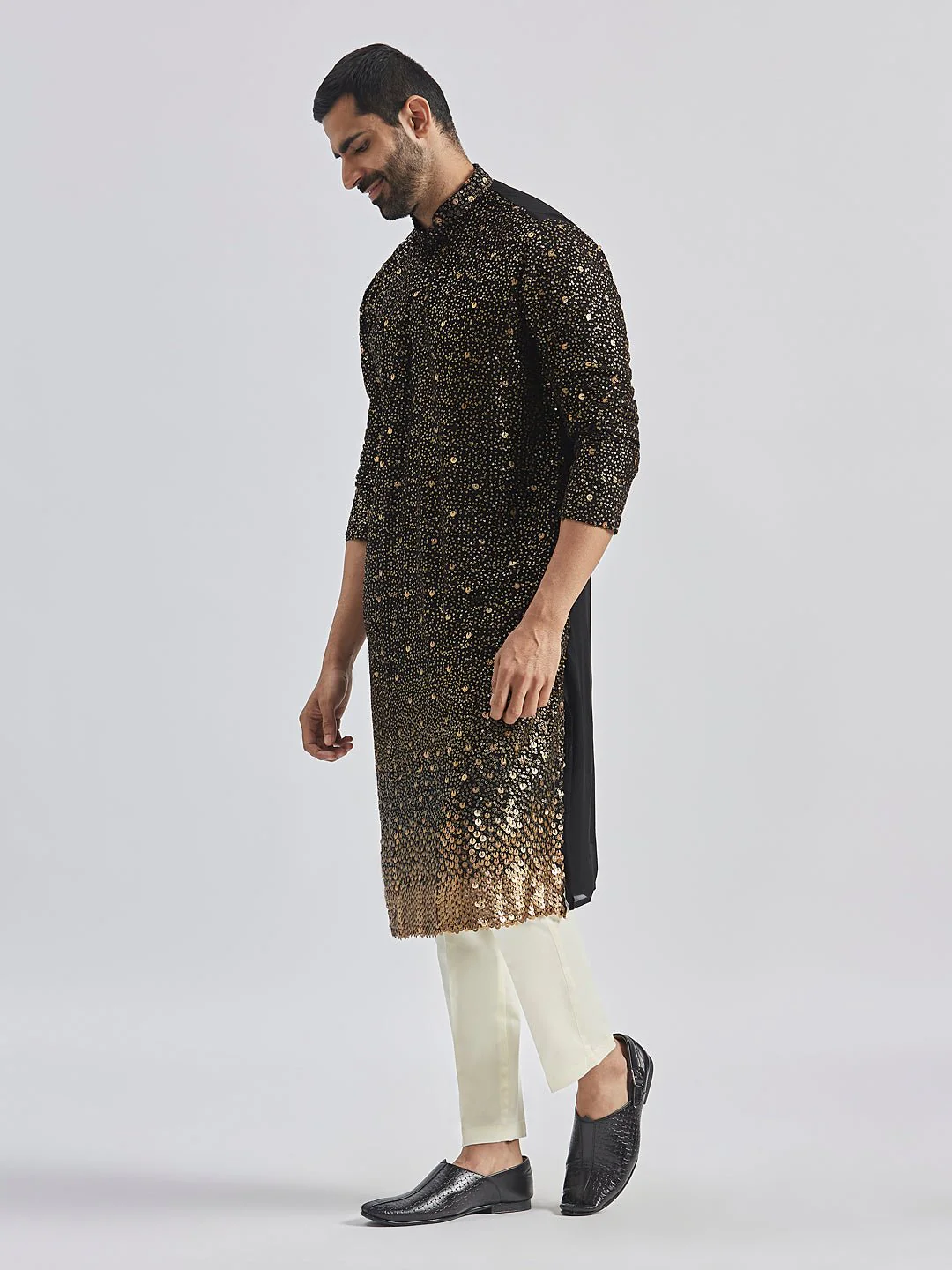 Men's Black Sequin Embroidered Georgette Kurta with Cream Satin Pyjama - Image 4