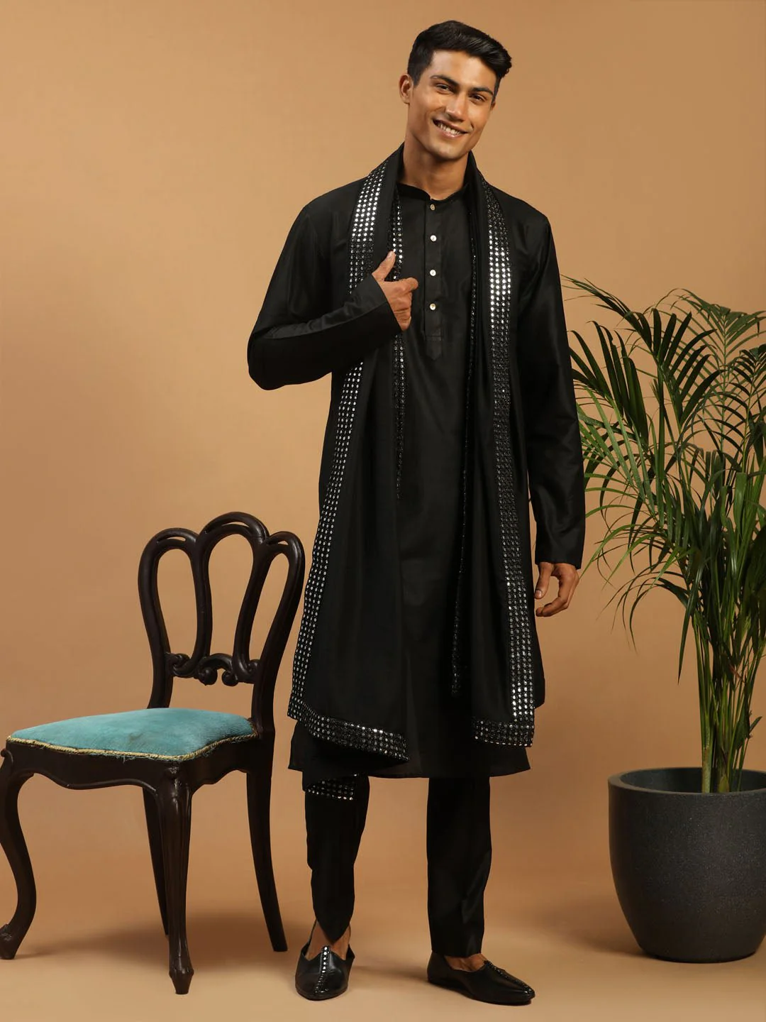 Men's Black Silk Blend Kurta Pyjama Set with Mirror Work Dupatta