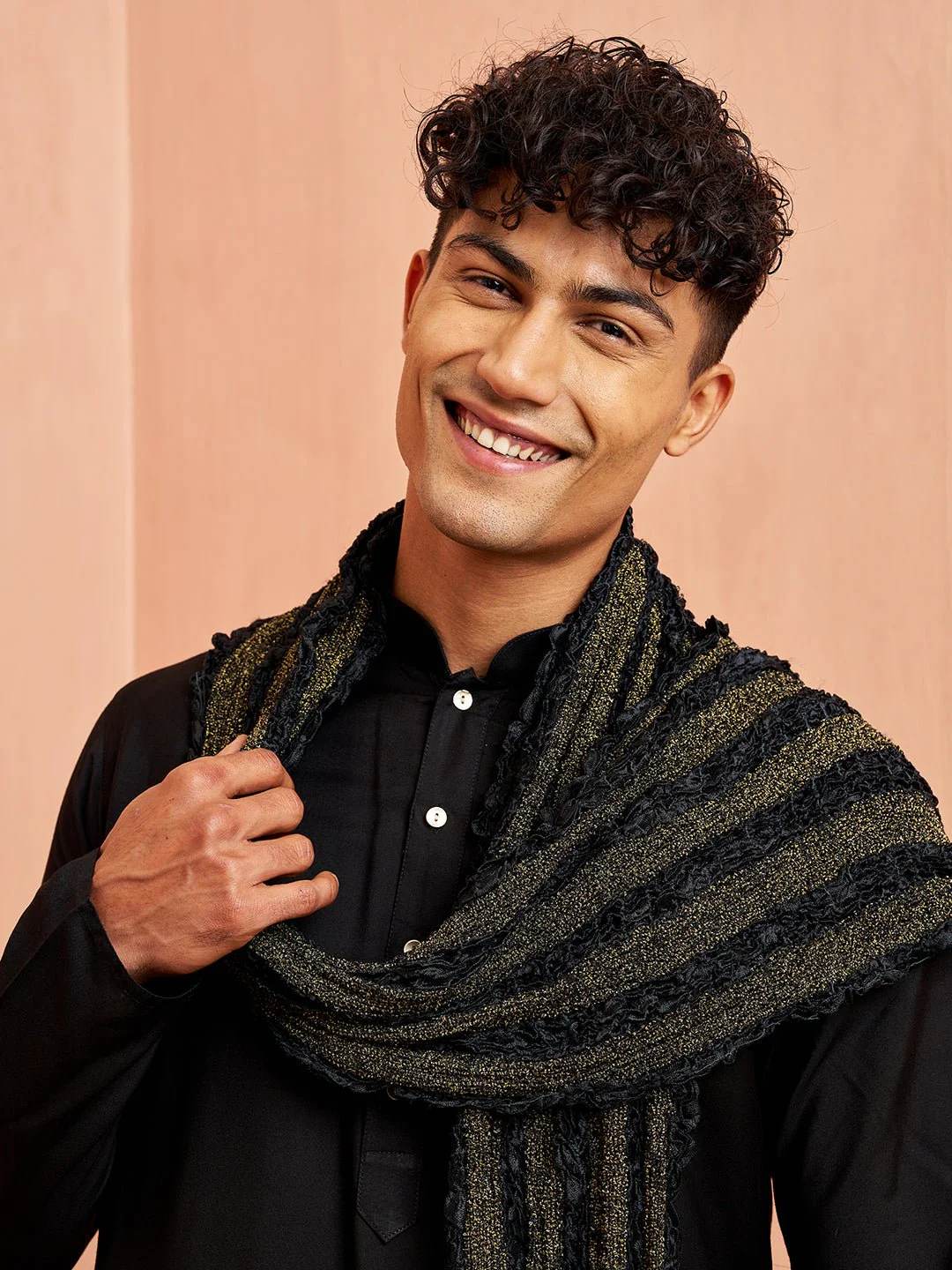 Men's Black Silk Blend Kurta Pyjama Set with Solid Black Crushed Dupatta - Image 2