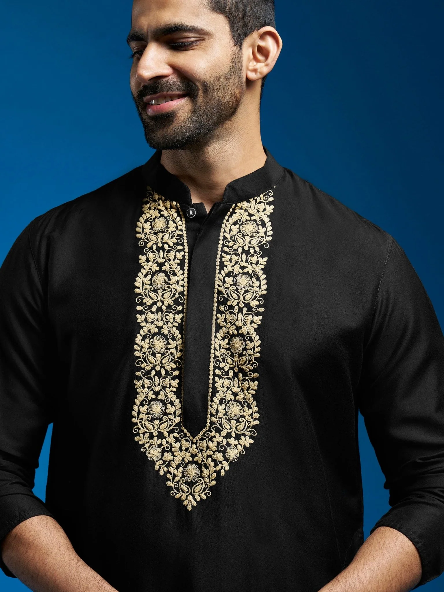 Men's Black Viscose Hand Embroidered Floral Kurta with Satin Pyjama - Image 2