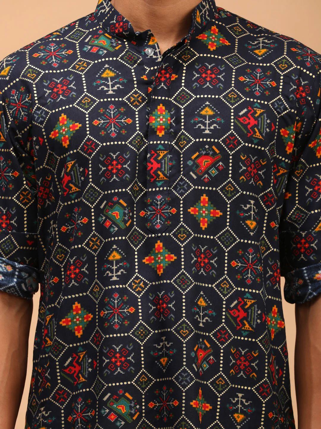 Men's Blue Printed Kurta Pyjama Set with Cream Viscose Pyjama - Image 3