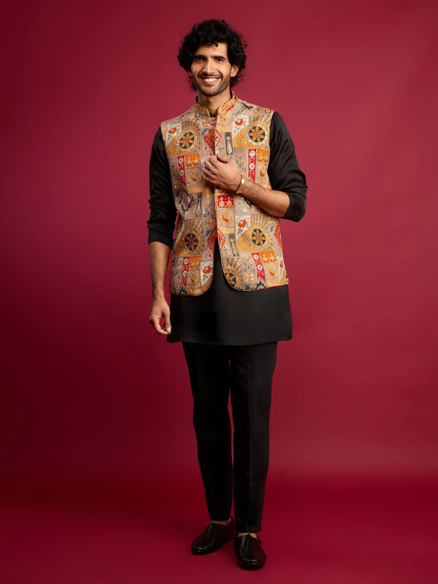 Men's Chiku Embroidered Nehru Jacket with Black Kurta & Pant Set - Image 3