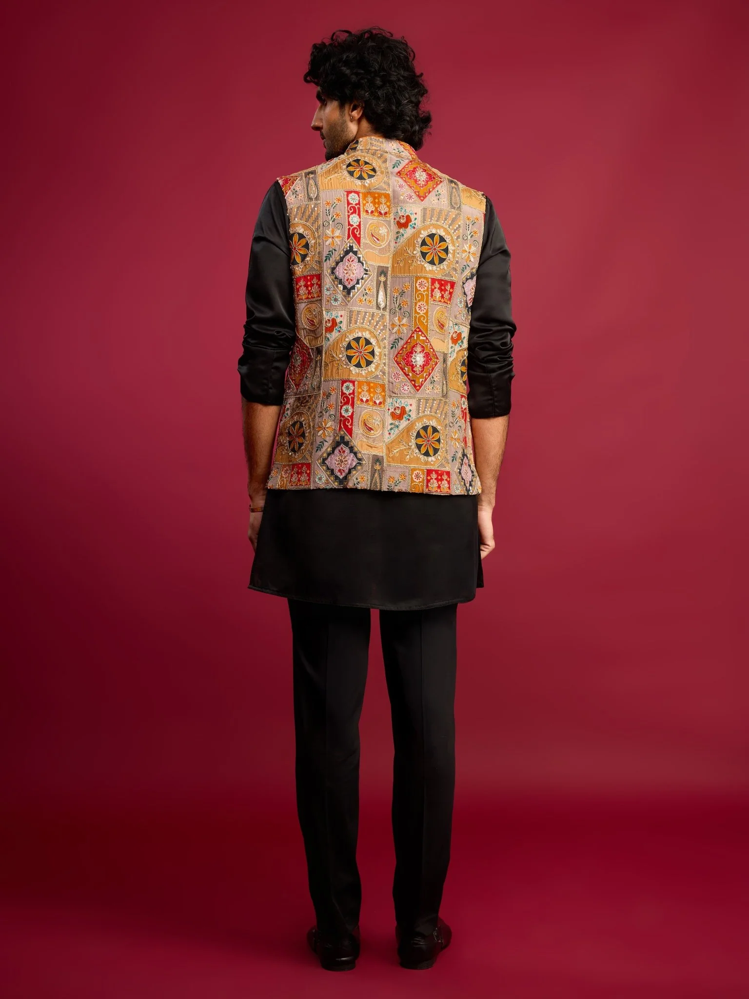 Men's Chiku Embroidered Nehru Jacket with Black Kurta & Pant Set - Image 6