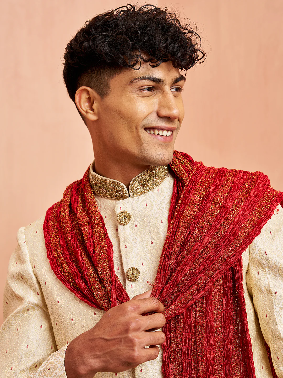 Men's Cream Jacquard Sherwani Pyjama Dupatta Set - Image 2