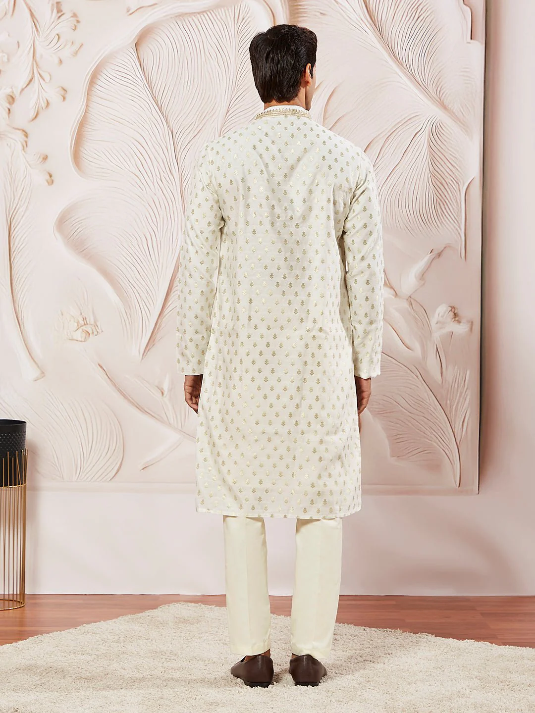 Men's Cream Jacquard Silk Blend Kurta Pyjama Set - Image 4