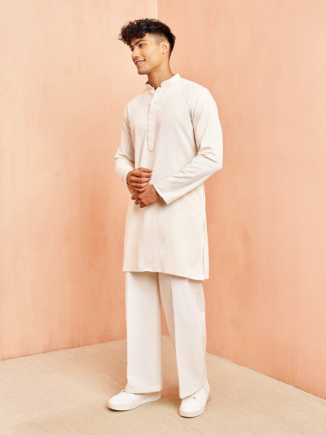 Men's Cream Mid Length Kurta with White Pant Set - Image 4