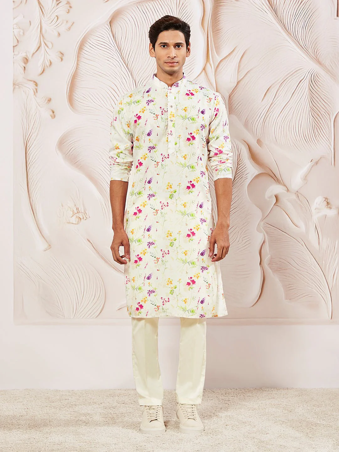 Men's Cream Printed Kurta Pyjama Set - Image 2