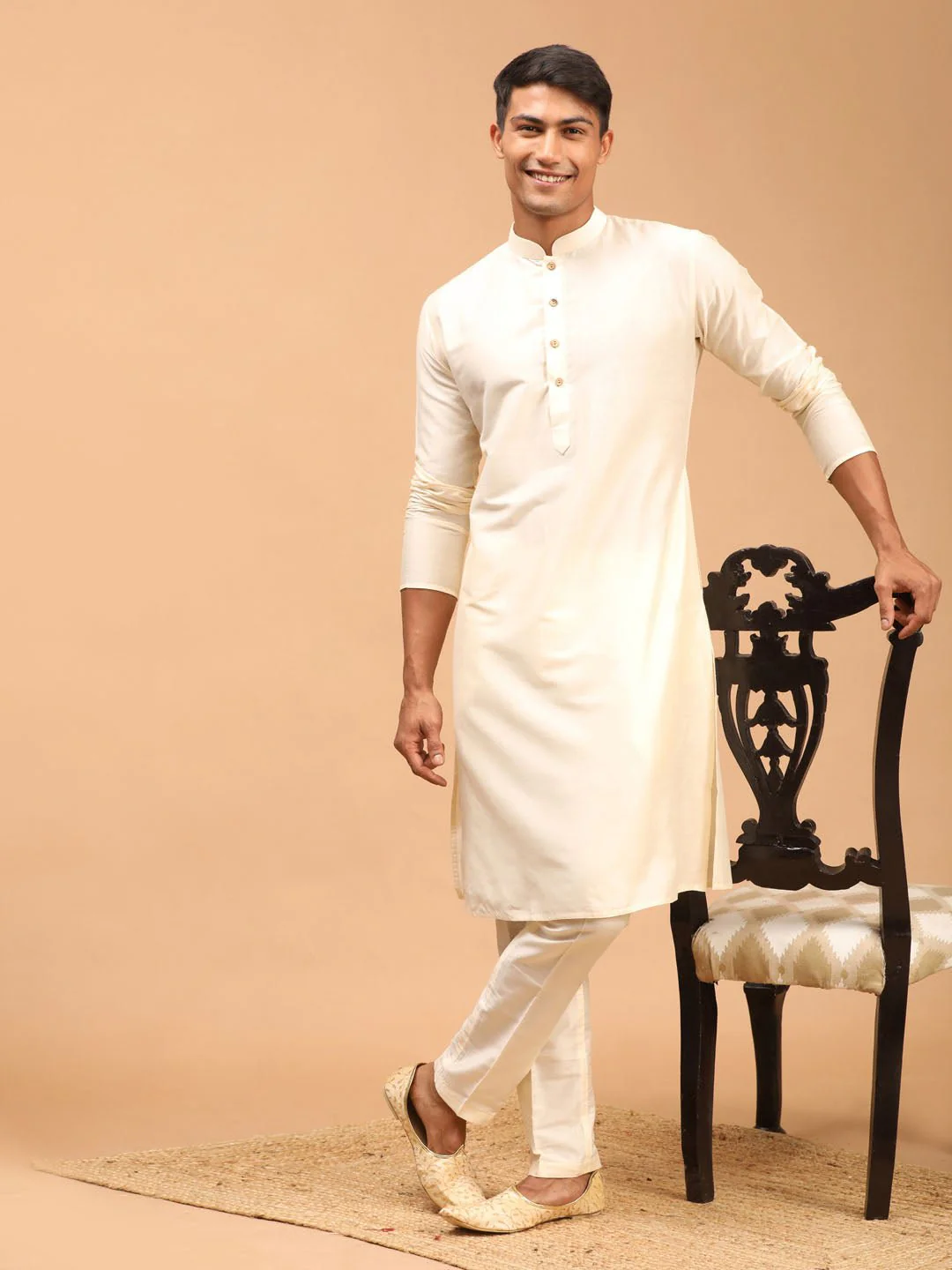 Men's Cream Silk Blend Kurta Pyjama Set