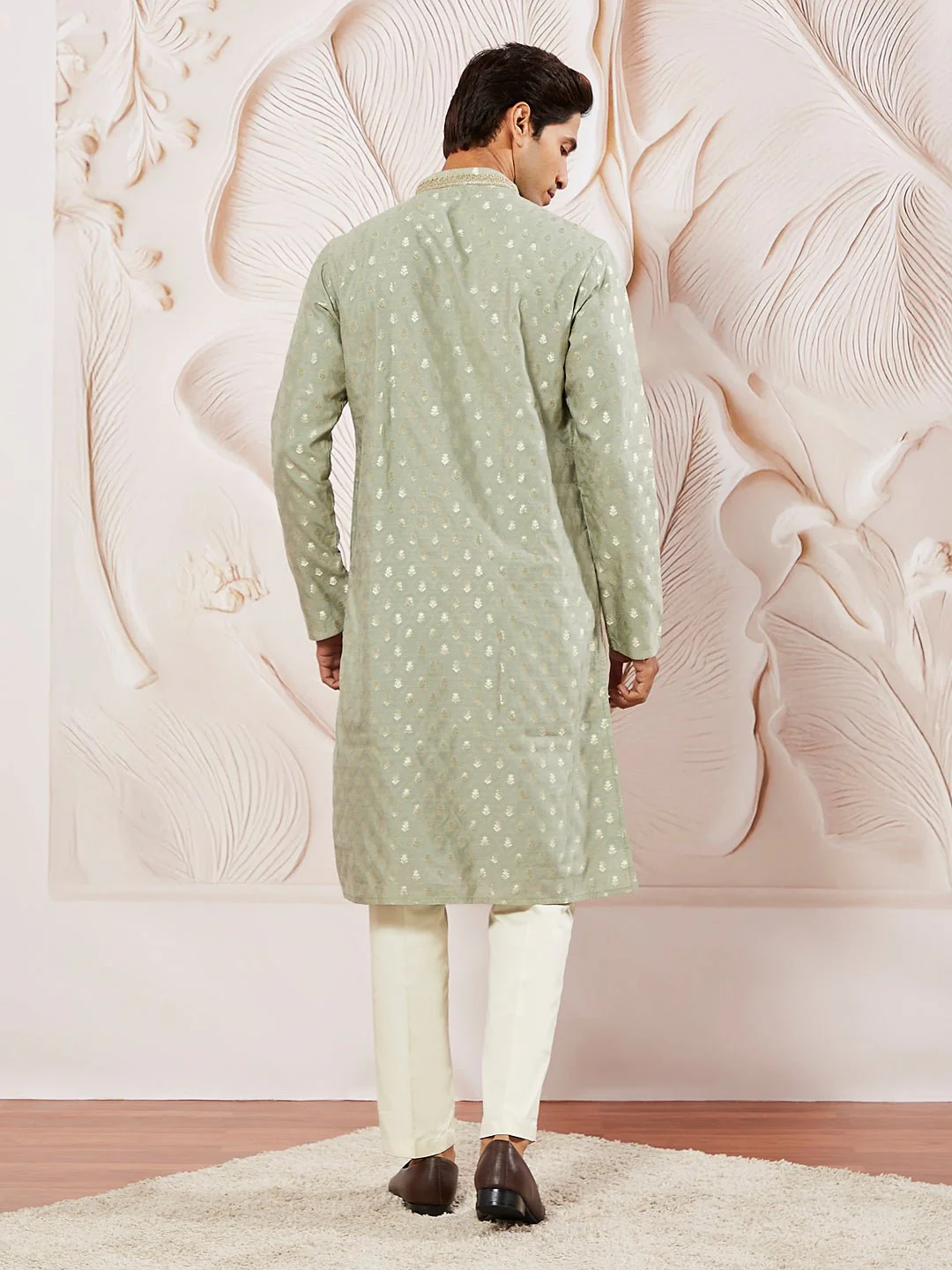Men's Green Jacquard Silk Blend Kurta Pyjama Set - Image 5