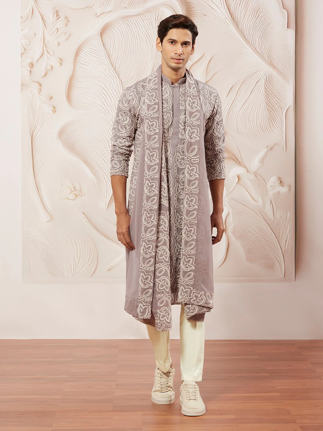 Men's Lavender Floral Embroidered Georgette Kurta with Satin Pyjama and Dupatta Set - Image 2