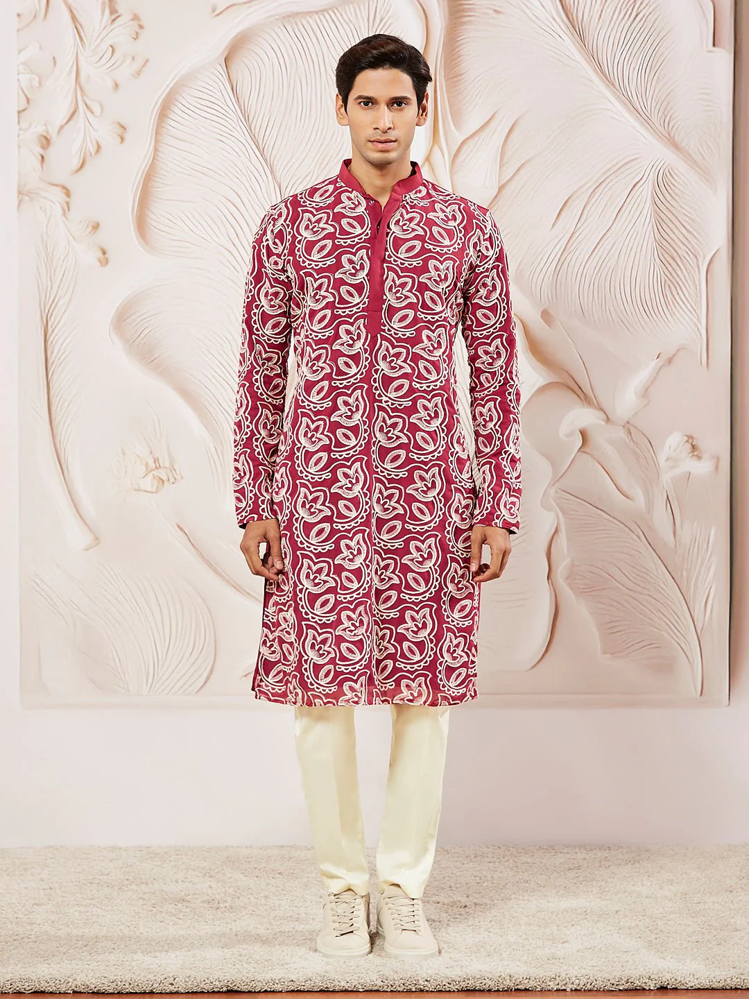 Men's Maroon Embroidered Fox Georgette Kurta Pyjama Set - Image 2