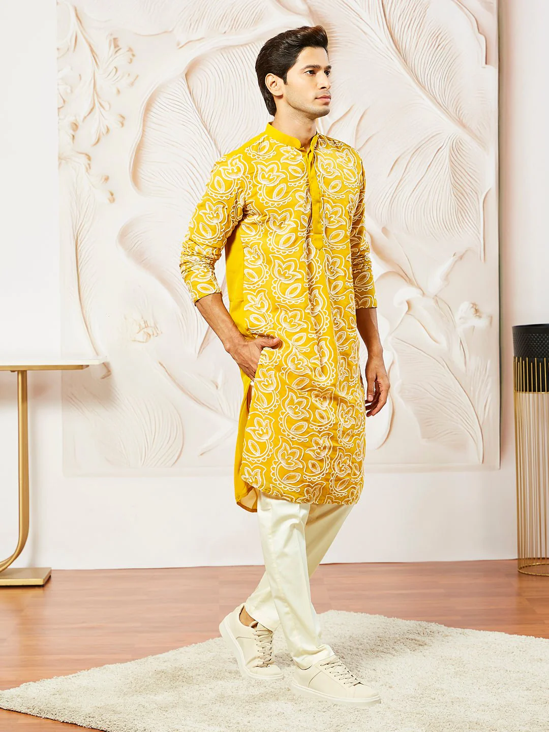 Men's Mustard Embroidered Fox Georgette Kurta Pyjama Set - Image 2