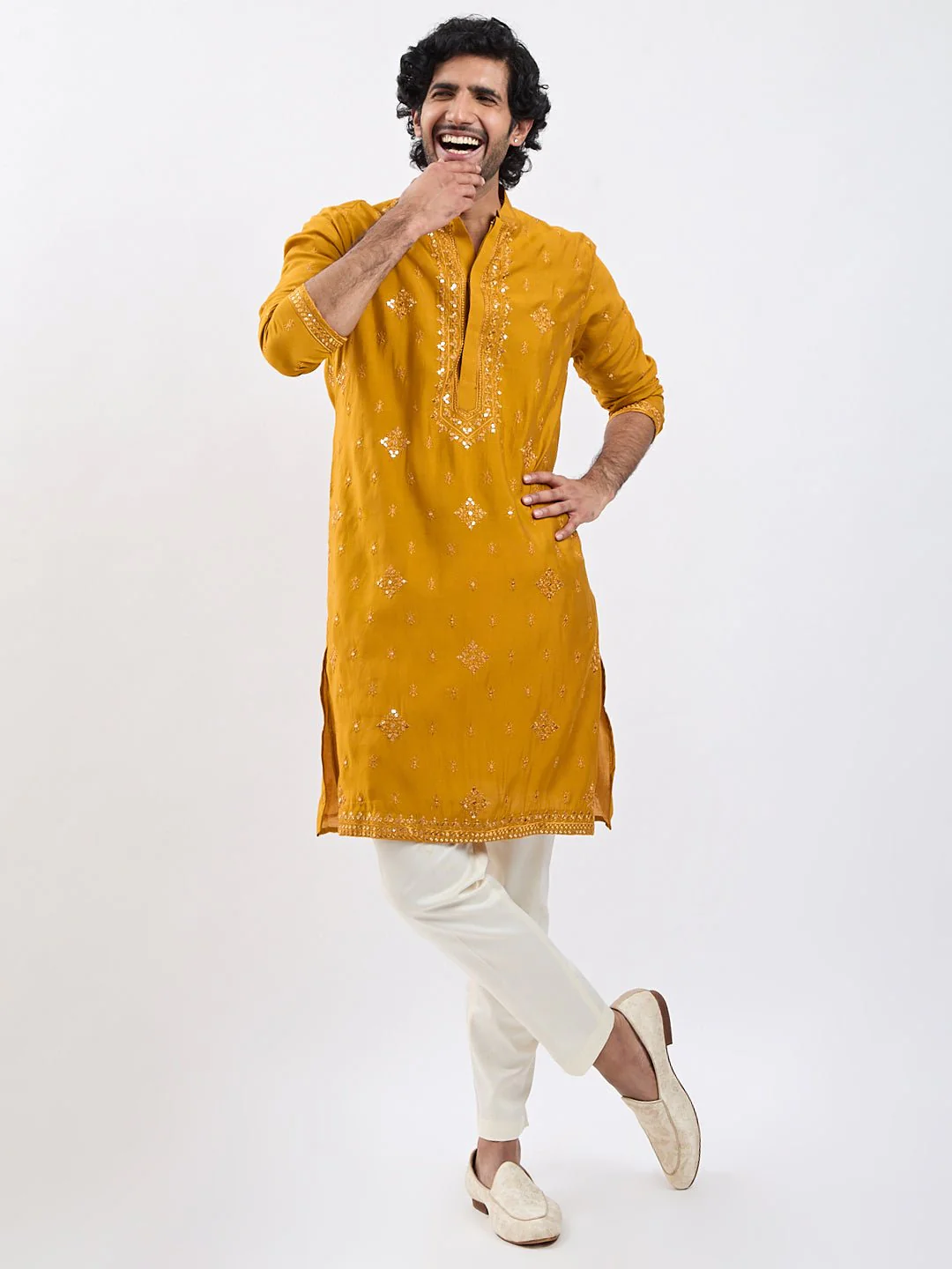 Men's Mustard Embroidered Sequined Silk Blend Kurta Pyjama Set