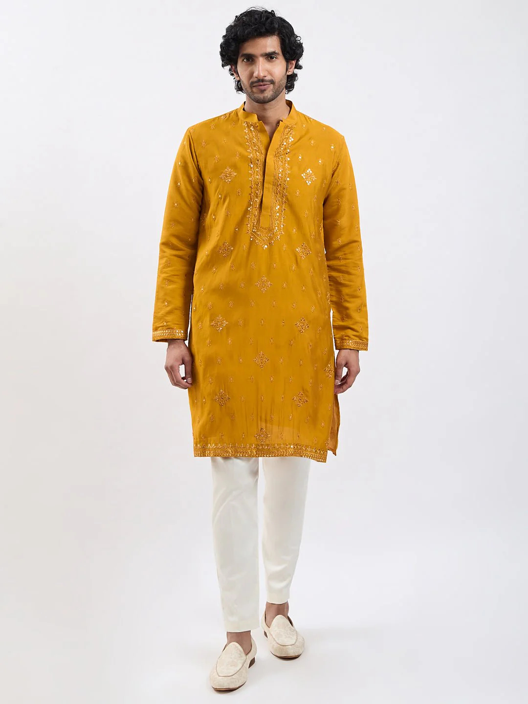 Men's Mustard Embroidered Sequined Silk Blend Kurta Pyjama Set - Image 2
