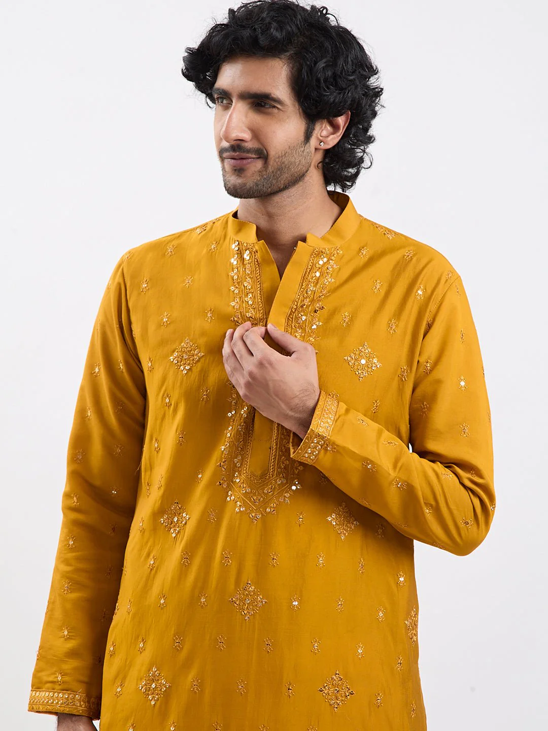 Men's Mustard Embroidered Sequined Silk Blend Kurta Pyjama Set - Image 3