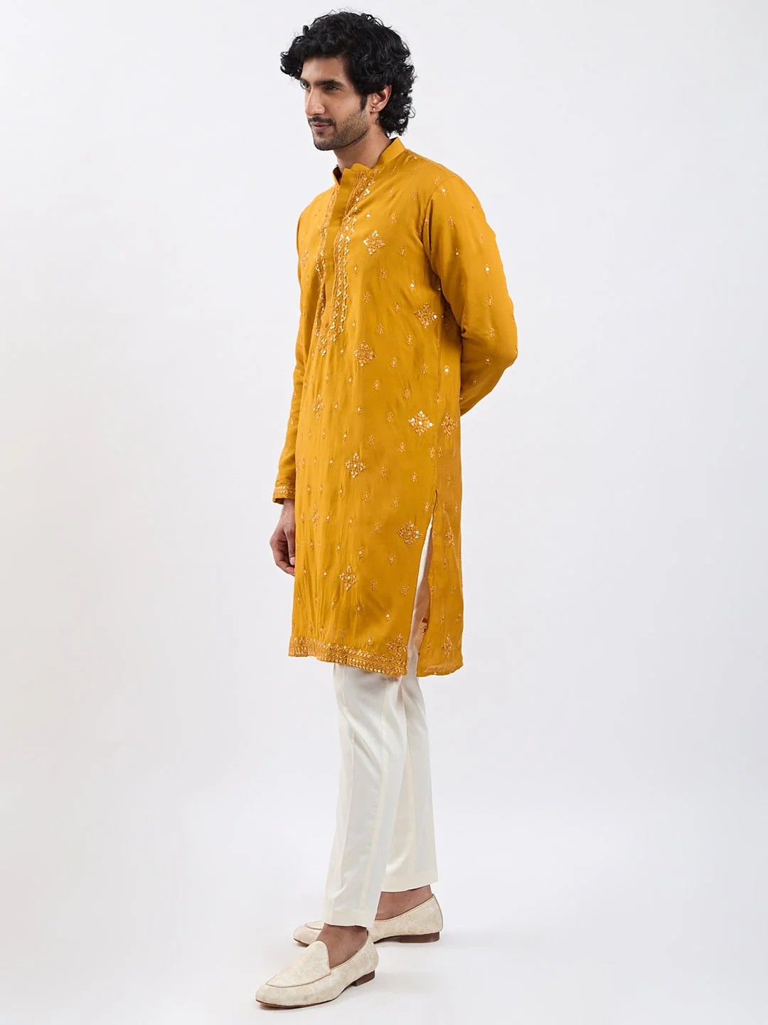Men's Mustard Embroidered Sequined Silk Blend Kurta Pyjama Set - Image 4