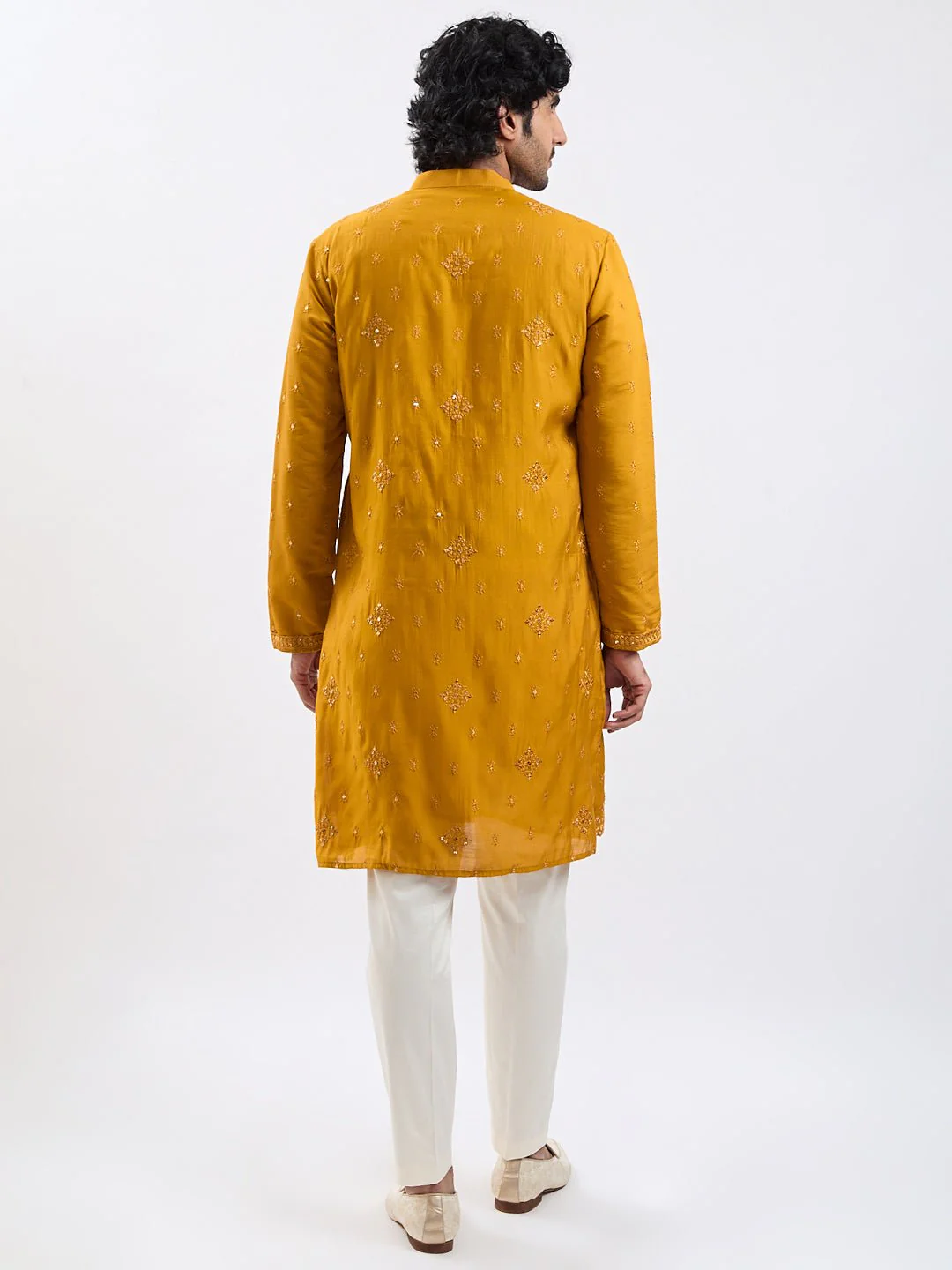 Men's Mustard Embroidered Sequined Silk Blend Kurta Pyjama Set - Image 5