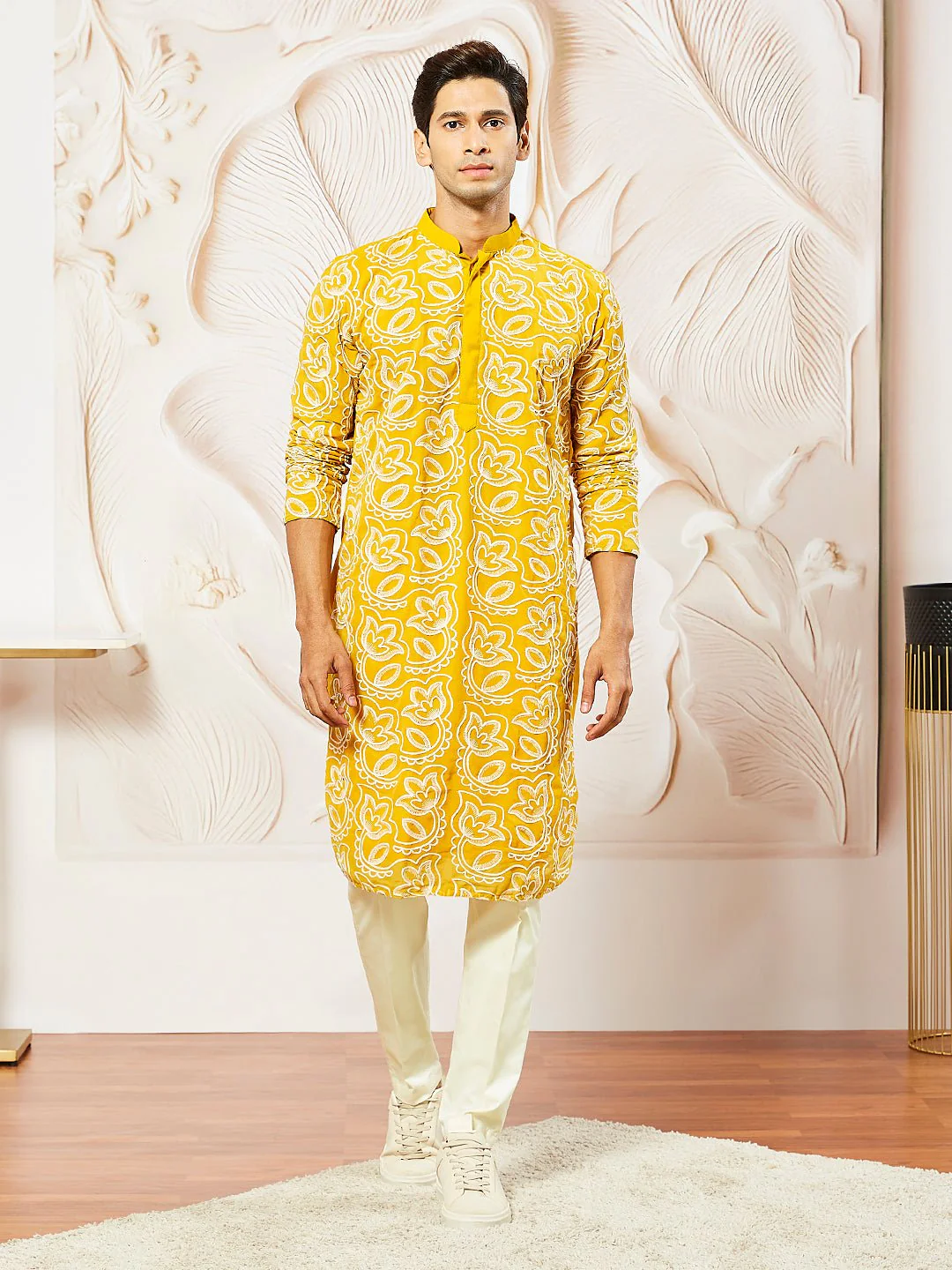 Men's Mustard Floral Embroidered Georgette Kurta with Satin Pyjama and Dupatta Set - Image 2