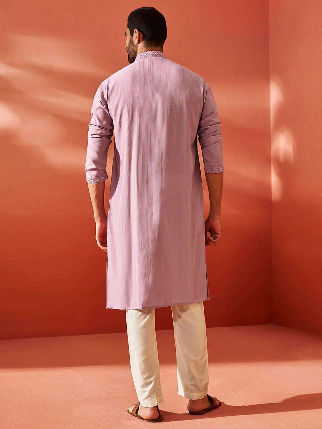 Men's Onion Fendi Silk Mirror Work Embroidered Kurta with Cream Satin Pyjama - Image 4