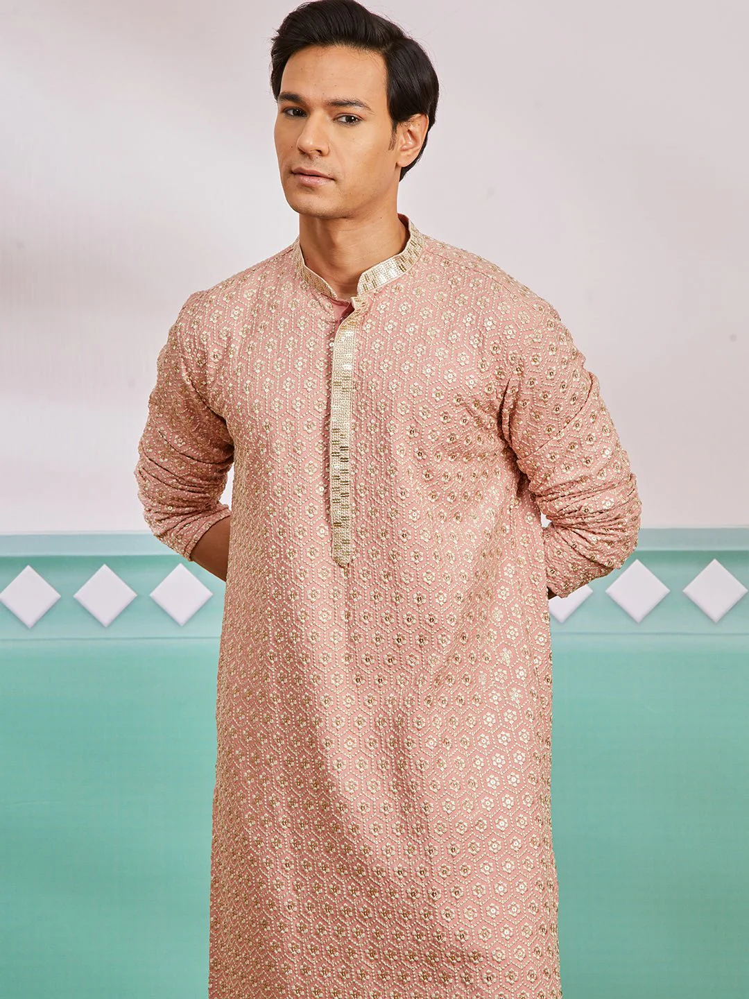 Men's Peach Chikankari Rayon Kurta with Cream Fine Satin Pyjama - Image 3