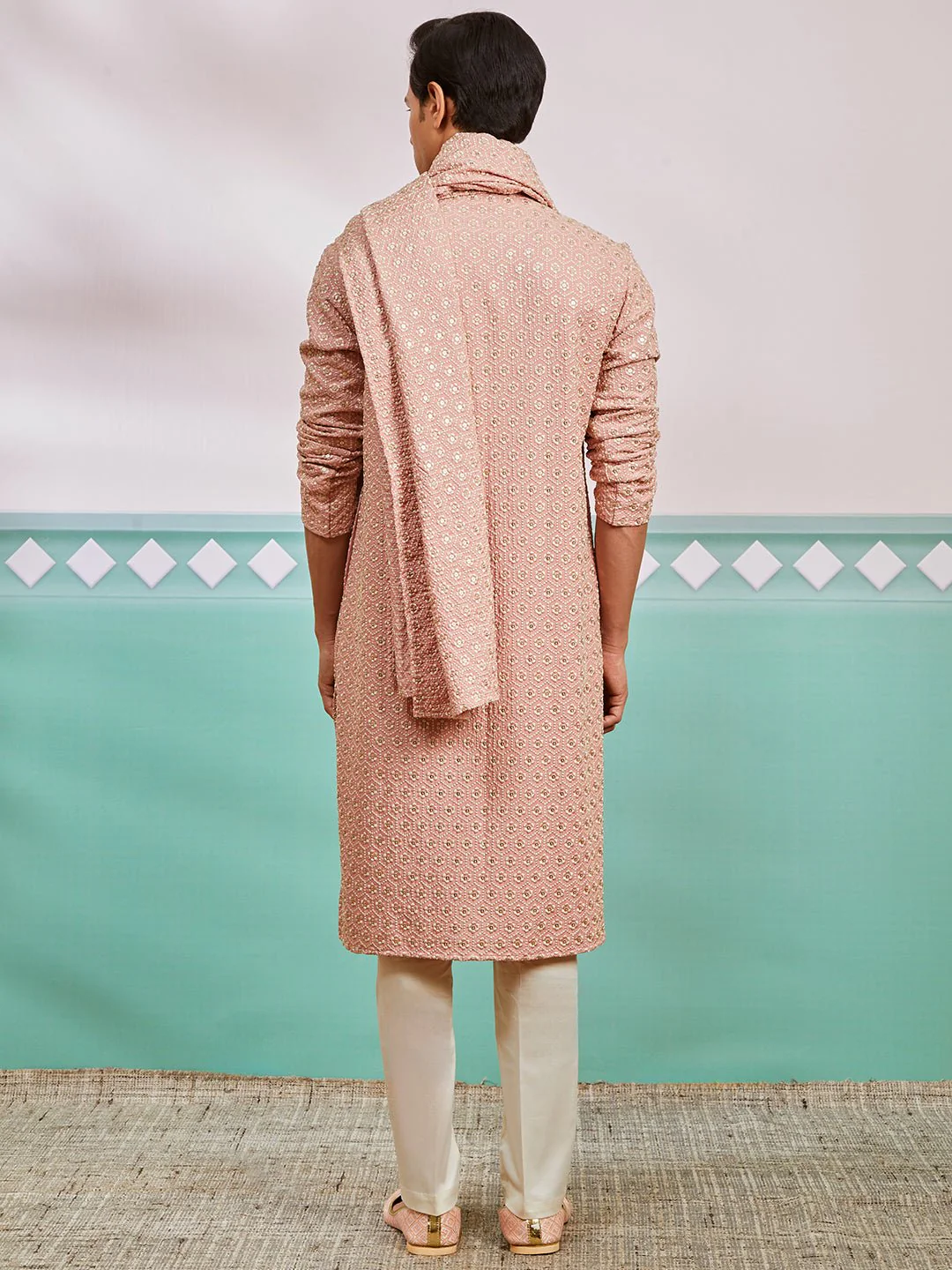 Men's Peach Chikankari Rayon Kurta with Cream Pyjama & Peach Embroidered Dupatta - Image 5