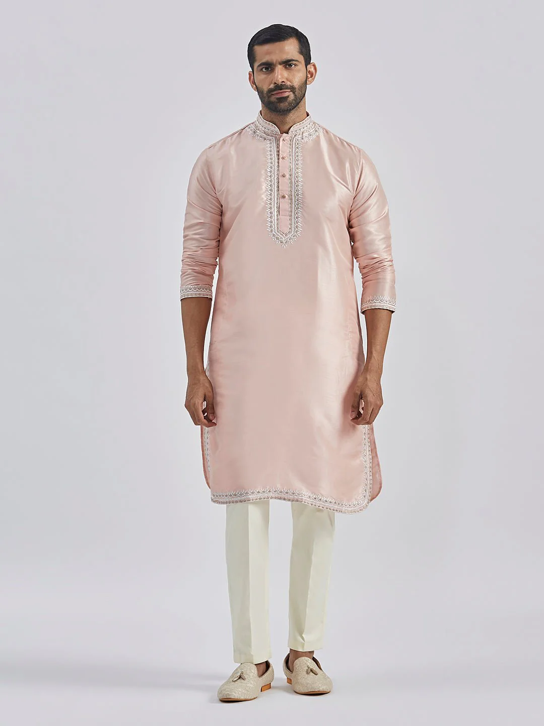 Men's Peach Hand Embroidered Silk Blend Kurta Pyjama Set - Image 2