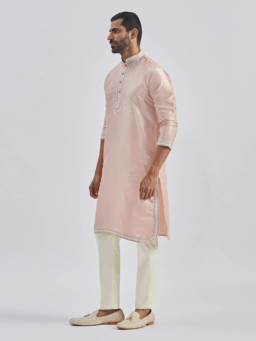 Men's Peach Hand Embroidered Silk Blend Kurta Pyjama Set - Image 4
