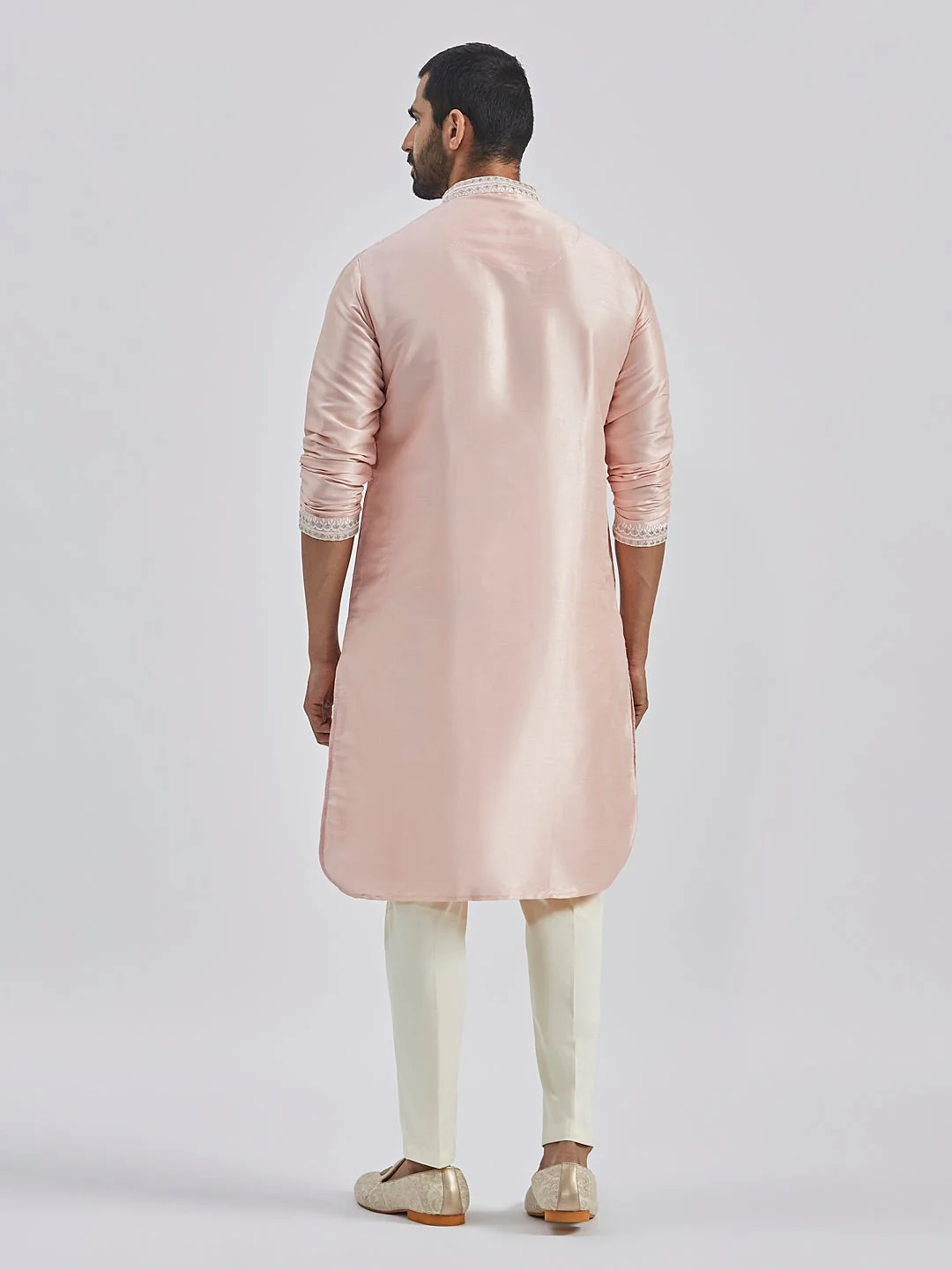 Men's Peach Hand Embroidered Silk Blend Kurta Pyjama Set - Image 5