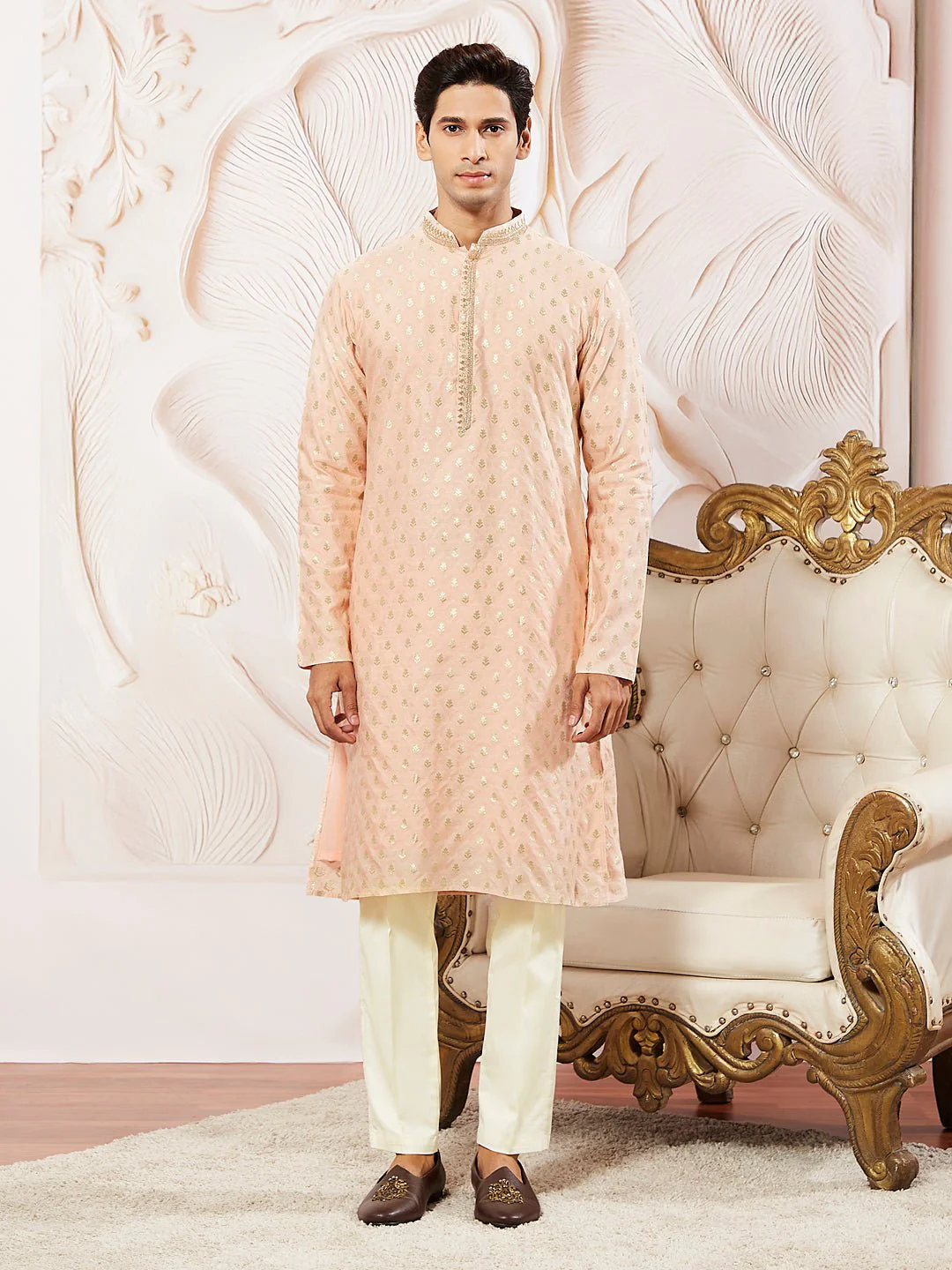 Men's Peach Jacquard Silk Blend Kurta Pyjama Set - Image 2