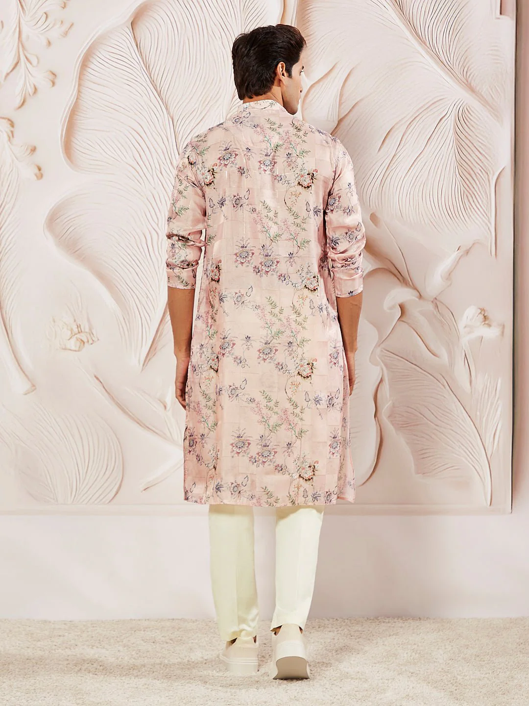 Men's Pink Printed Kurta Pyjama Set with Cream Viscose Pyjama - Image 5