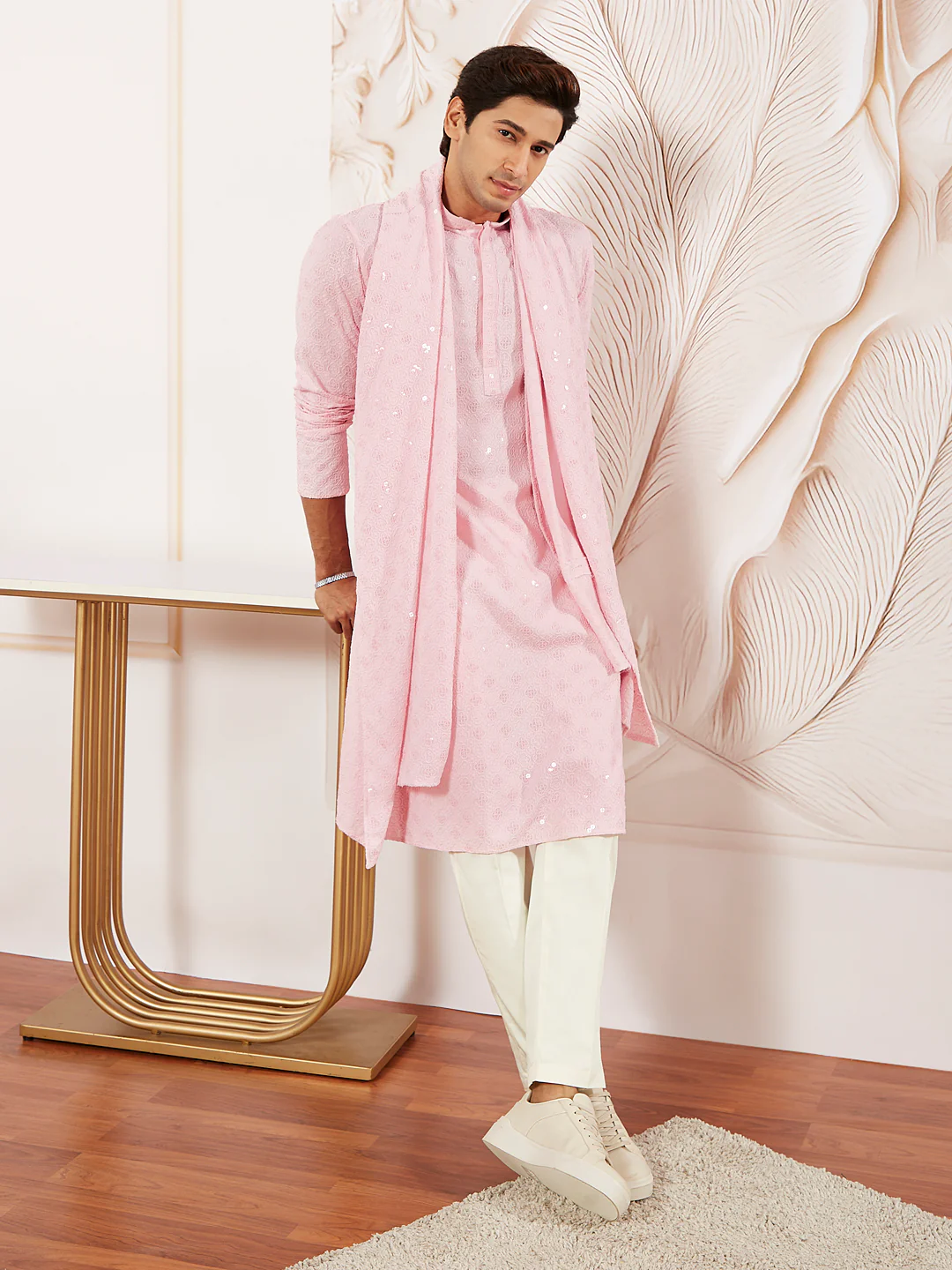 Men Pink Silk Blend Embroidered Dupatta - Image 3