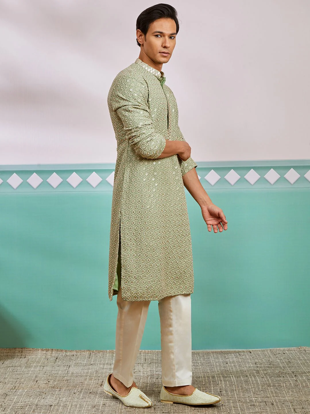 Men's Pista Green Chikankari Rayon Kurta with Cream Fine Satin Pyjama - Image 4