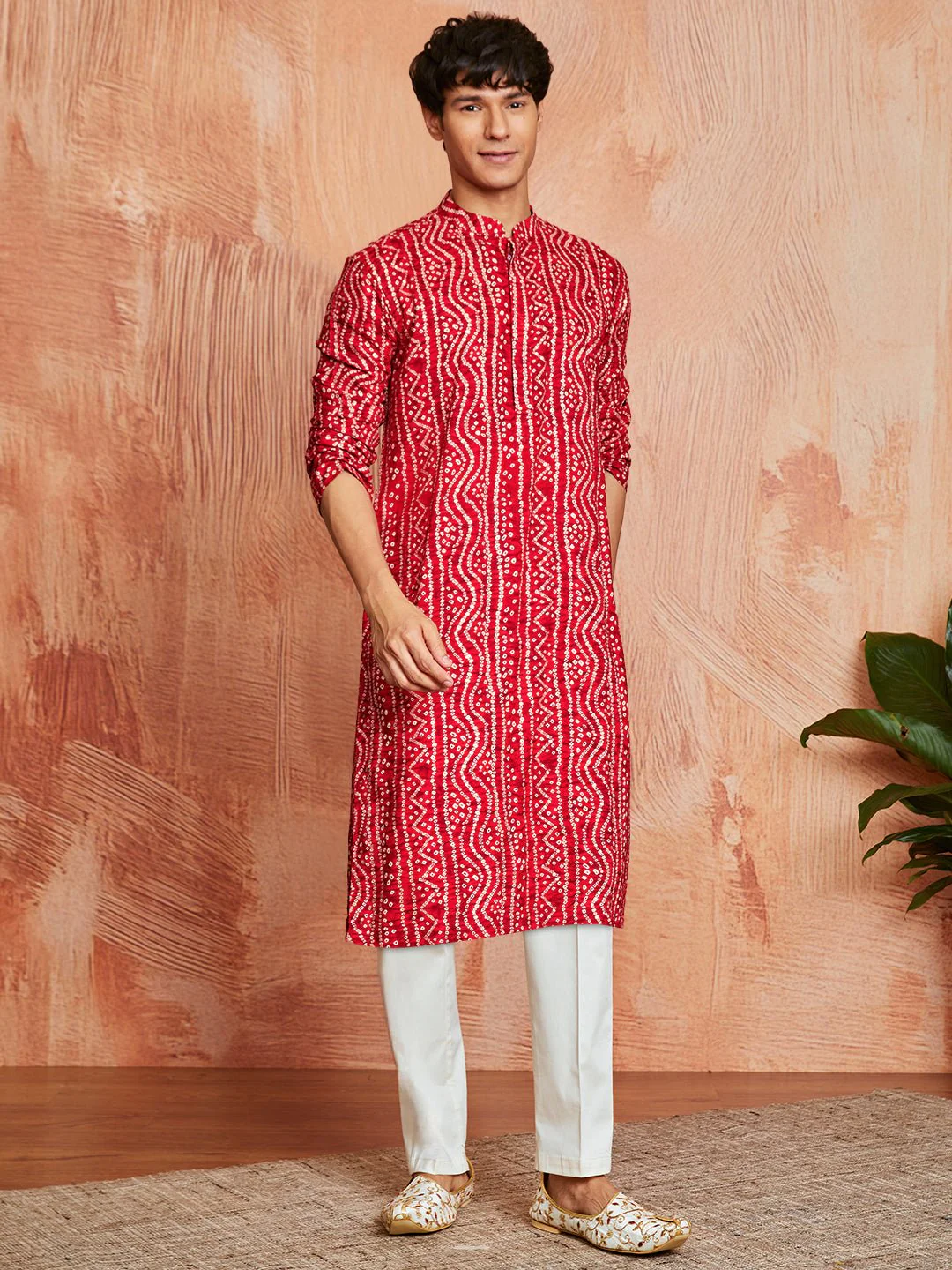 Men's Red Foil Bandhani Digital Print Rayon Kurta with Cream Viscose Pyjama - Image 2