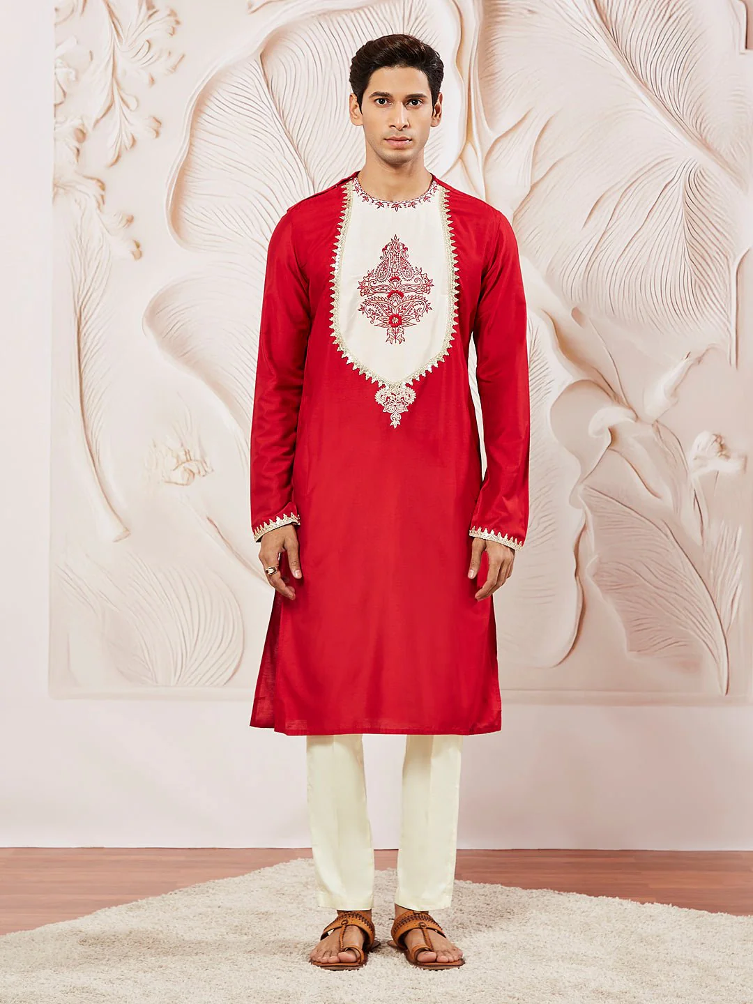 Men's Red Viscose Kurta Pyjama Set - Image 2