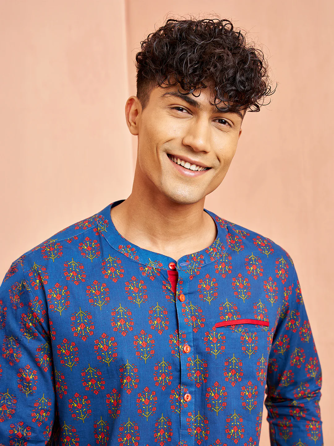 Men's Royal Blue Cotton Kurta Short Sleeve Band Collar Print - Image 2