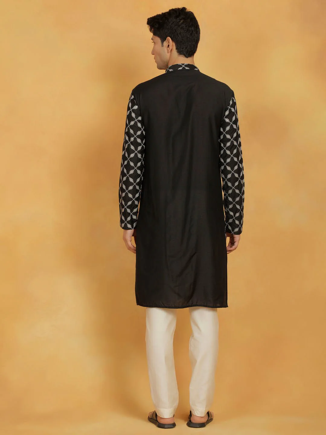 Men’s Black Embroidered Kurta with Cream Pyjama Set - Image 3
