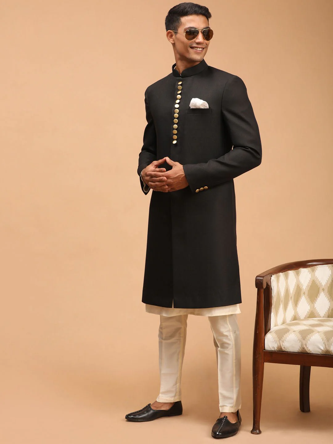 Men’s Black Platinum Sherwani with Cream Kurta & Pyjama 3-Piece Wedding Set - Image 2